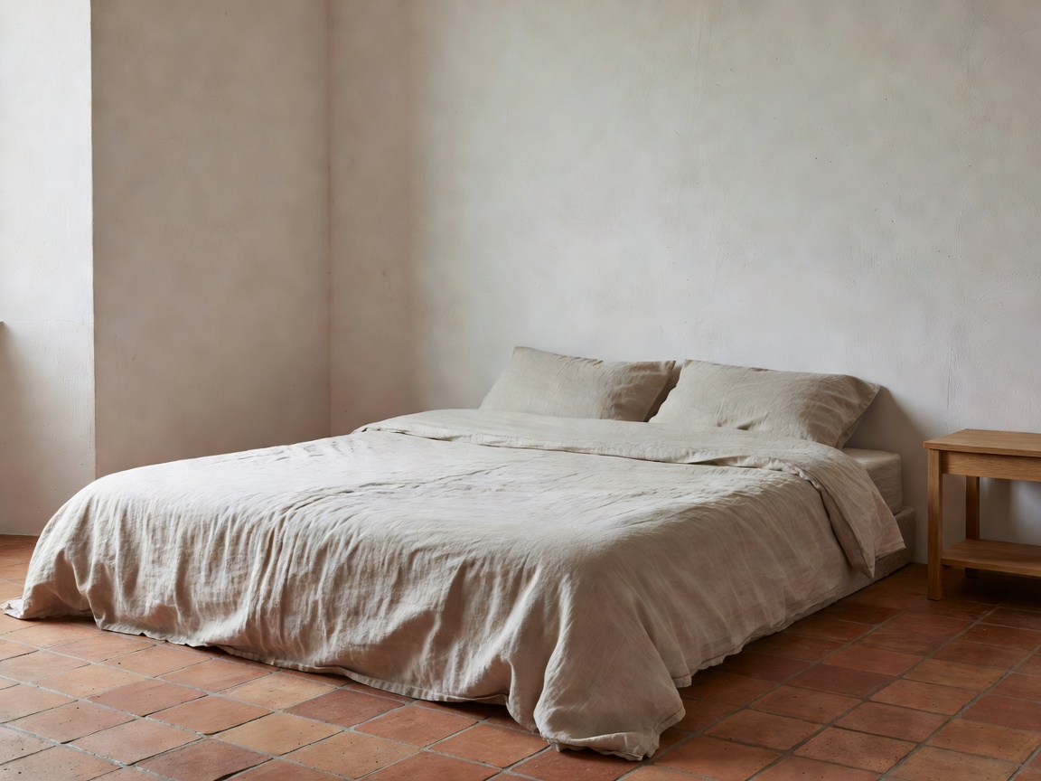 Bedroom interior featuring natural linen, whitewashed walls and terracotta tiles