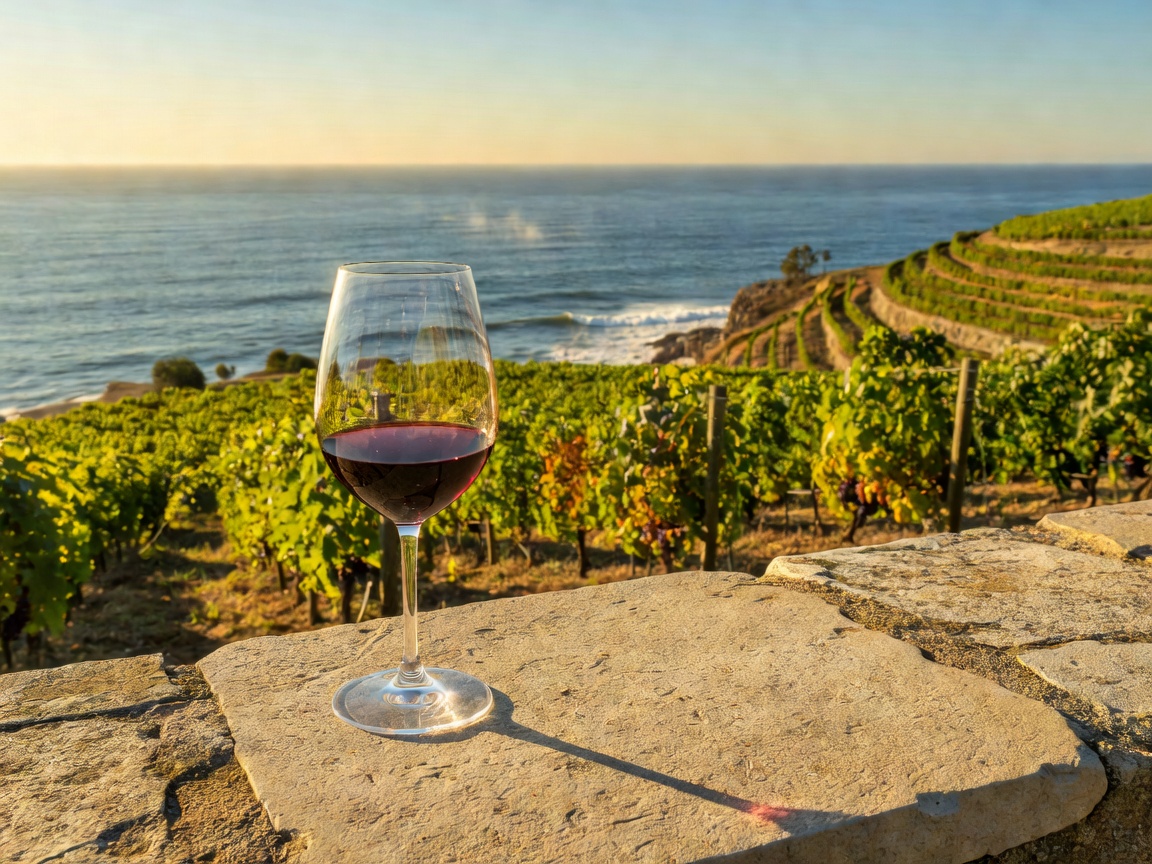 Glass of Portuguese red wine in sunlit coastal vineyard