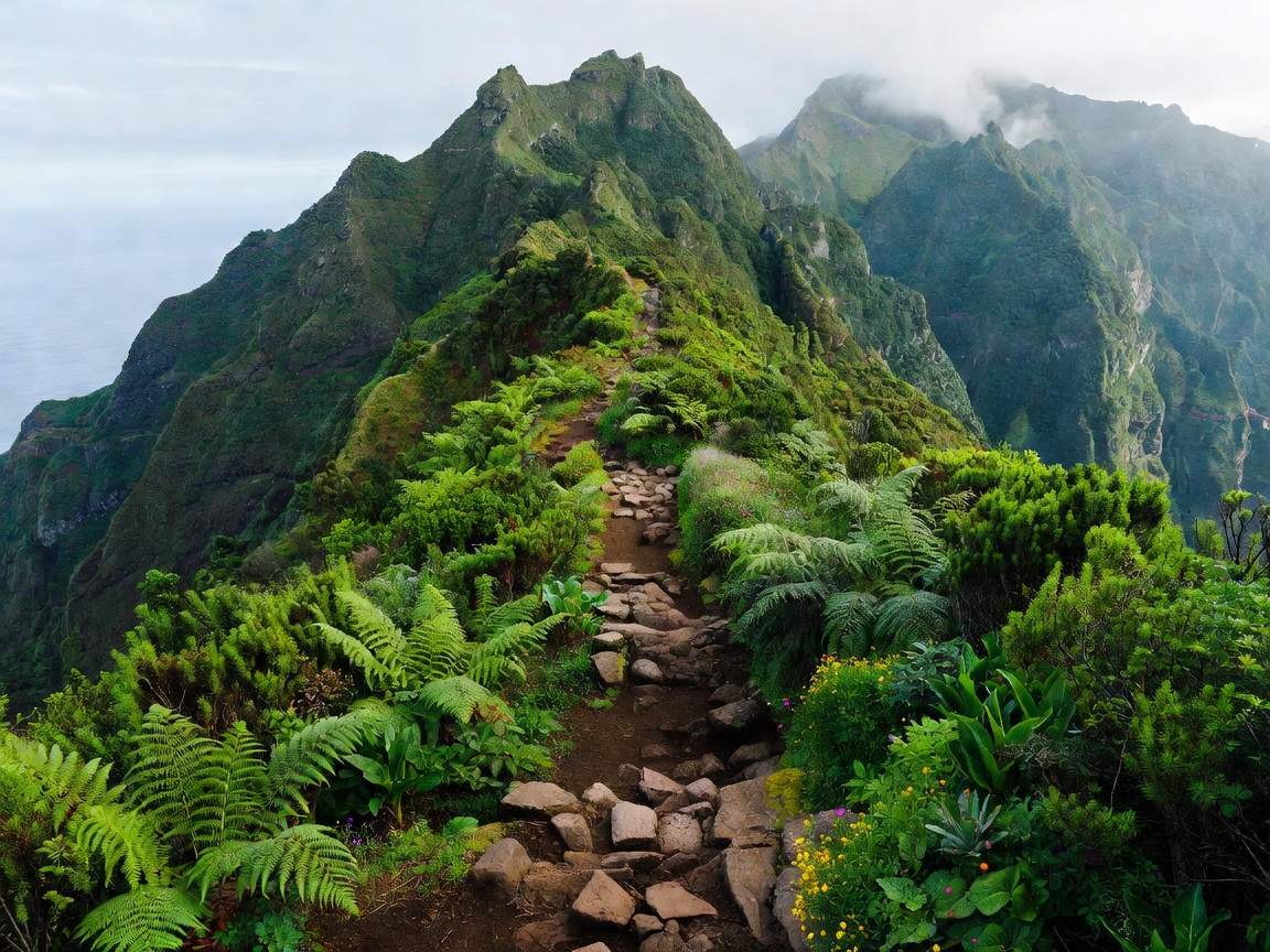 Hiking path through lush green coastal mountains in Madeira