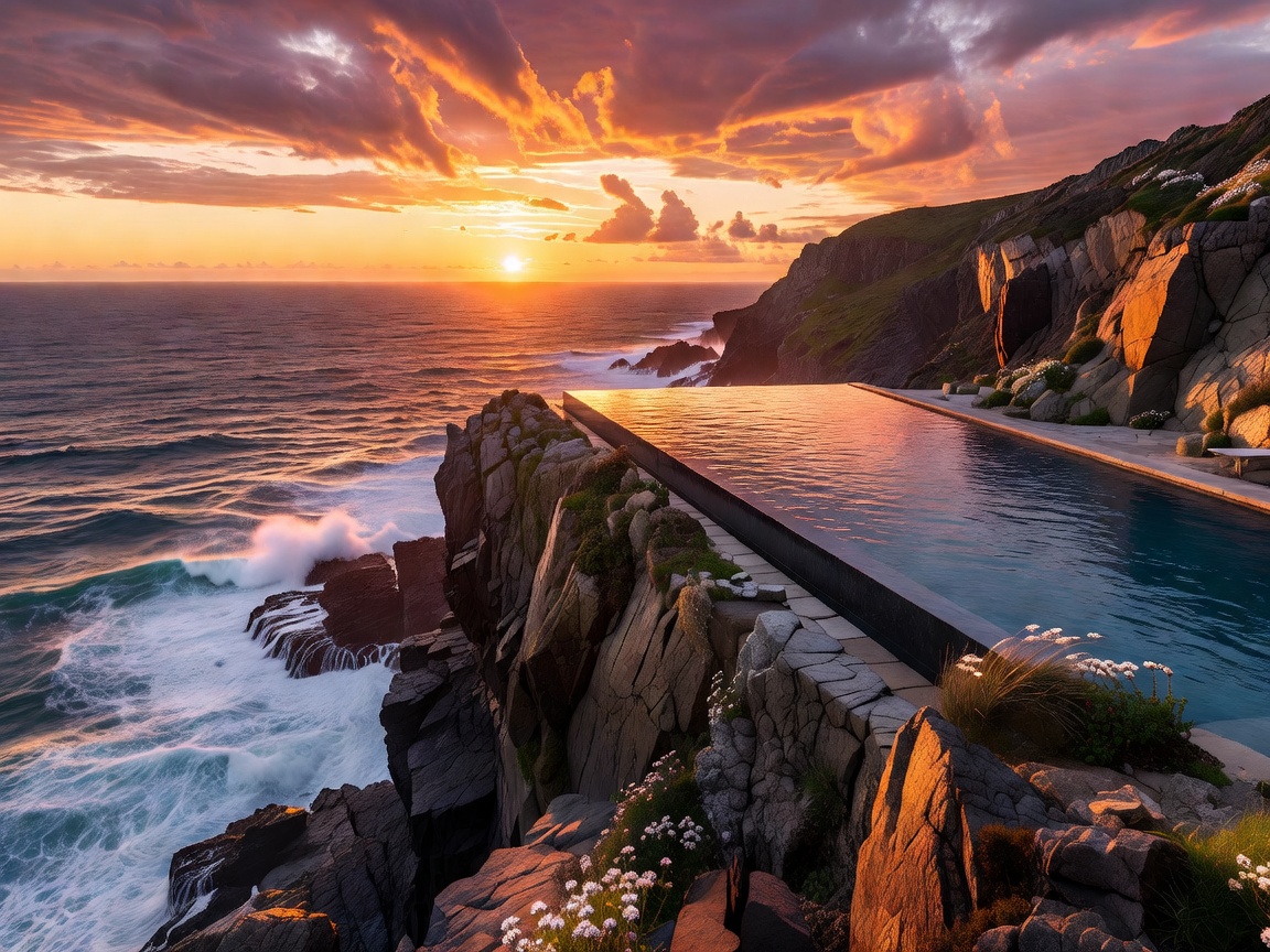 Sunlit cliffside infinity pool overlooking the Atlantic ocean in Portugal