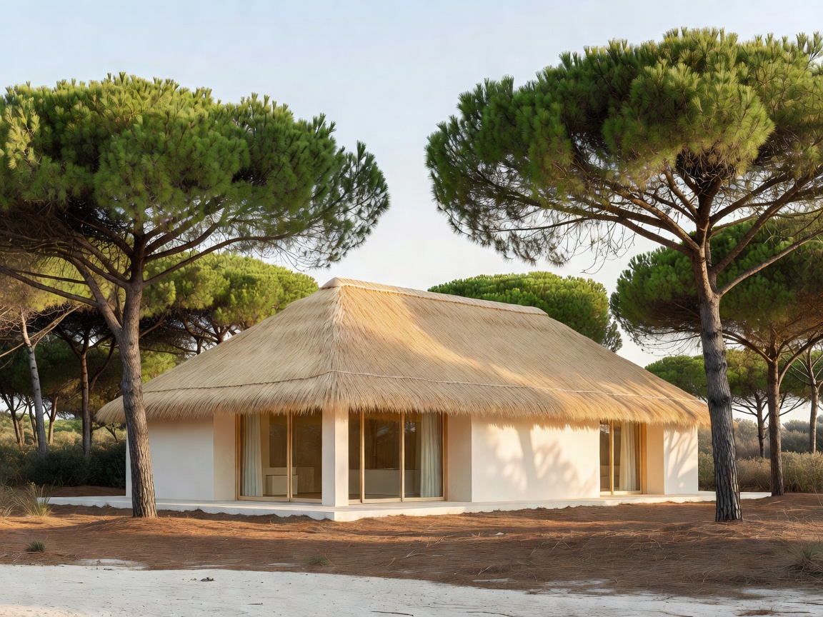 Minimalist thatched roof luxury bungalow surrounded by umbrella pines in Comporta