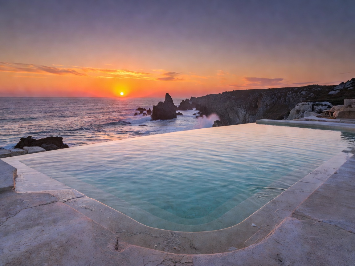 Saltwater infinity plunge pool overlooking coastal sunset