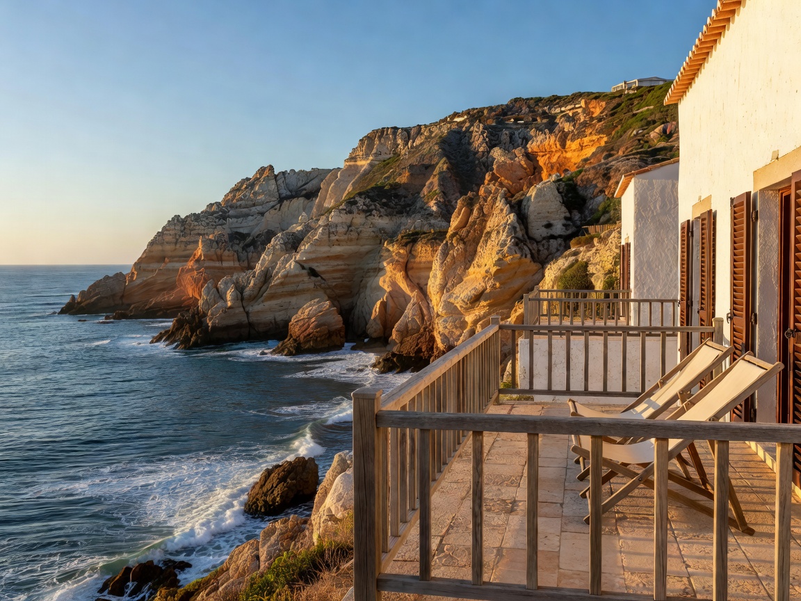 Scenic oceanfront villa balcony overlooking Sagres rocky cliffs in Algarve Portugal