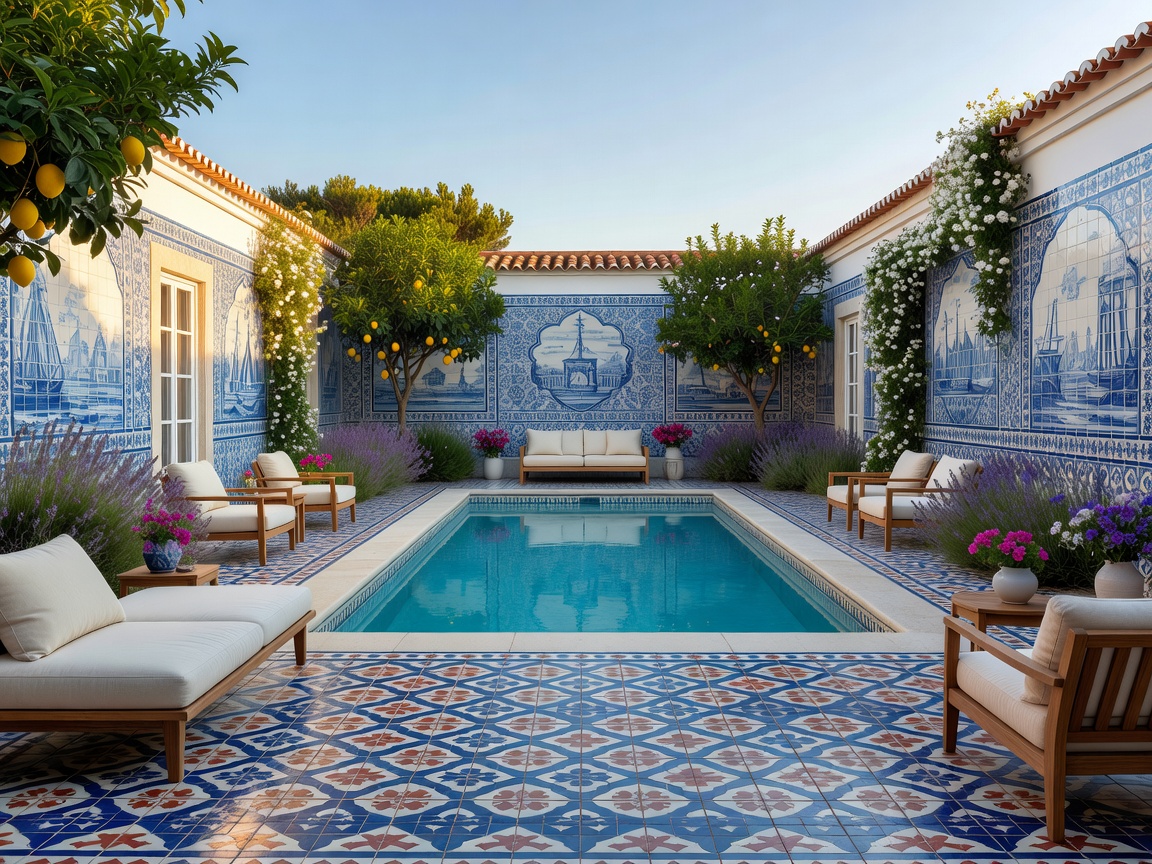 Traditional Portuguese tiled courtyard and swimming pool at Cascais boutique hotel